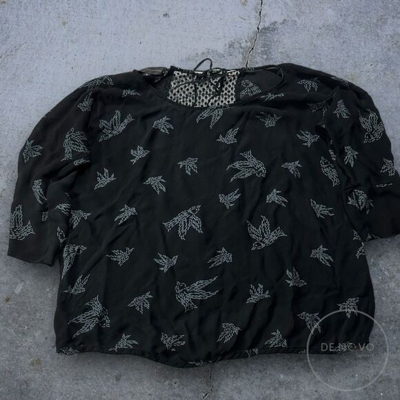 Corey Lynn Calter Women's Black Silk Bird Print Blouse Size 8 Short Sleeve - Picture 1 of 7